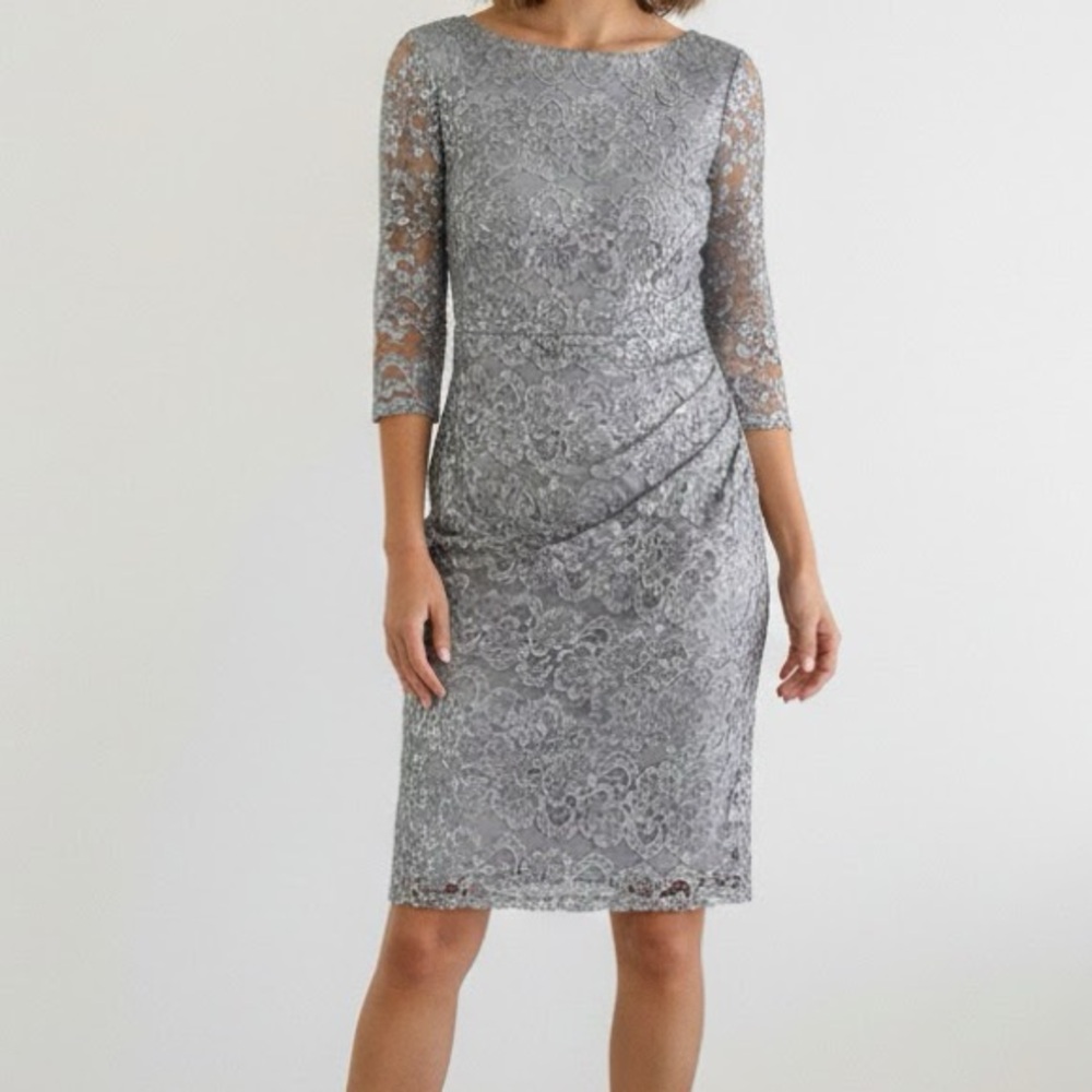 Eliza J Silver Lace Sequin Floral Long Sleeve Mini Dress 6